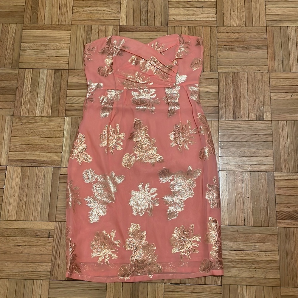 Yumi Kim xs/s strapless cocktail dress silk salmon pink metallic gold floral
